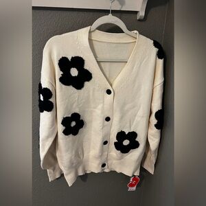 Cider Cream Cardigan with Black Floral Accents Size L NWT